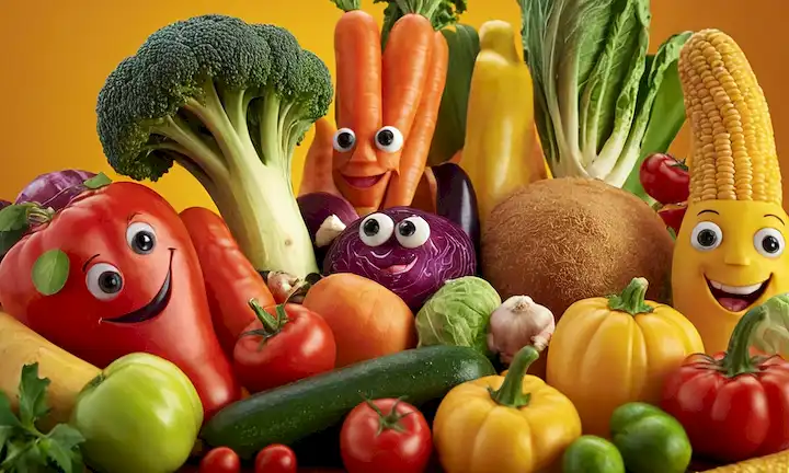 fondo colorido, ilustraciones vibrantes de verduras, personajes de dibujos animados sonrientes que disfrutan de salchicas, utilería de comida lúdica como utensilios y adornos, iluminación cálida, superposición de textura realista