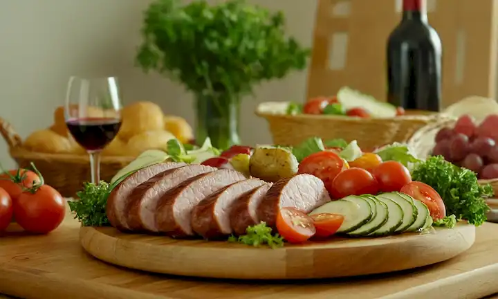 Un plato con ensaladas coloridas, una salchicha cortada en una tabla de corte de madera, una cesta de verduras frescas, una copa de vino, una mano con un utensil, un fondo brillante, un ambiente cálido y acogedor, estilo de presentación de alimentos