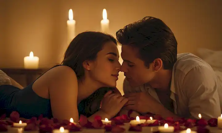 Pareja abrazando íntimamente, ambiente iluminado por velas, pétalos de rosa esparcidos alrededor, toque sensual, susurros suaves, risa juguetona, beso tierno, atmósfera relajada, calidez y cercanía, mirada compartida
