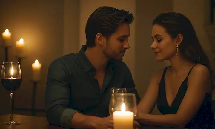 pareja romántica abrazando en una habitación encendida, velas encendidas sobre la mesa, copas de vino parpadeando juntos, música suave, suaves susurros en cada oído, una chispa de intimidad en sus ojos, un sentido de anhelo y anhelo entre ellos, un indicio de misterio e intriga