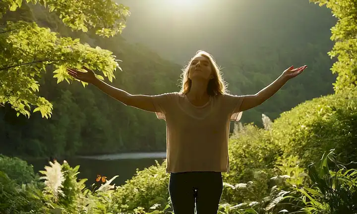 Un fondo caliente con suaves colinas, un lago sereno, una persona de pie con confianza con los brazos abiertos de ancho, rodeado de exuberante vegetación, rayos del sol filtrando a través de las hojas, mariposas fluyendo cerca
