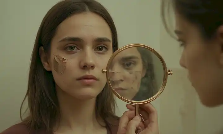 una persona que se siente sola y aislada, con una sutil tristeza en sus ojos, sosteniendo un espejo con un reflejo roto, rodeado de esbozos débiles de autorretratos fragmentados, con una paleta de color caliente y muda, que transmite una sensación de desconexión