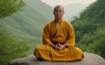 Un monje sereno Shaolin sentado sobre una roca montañosa