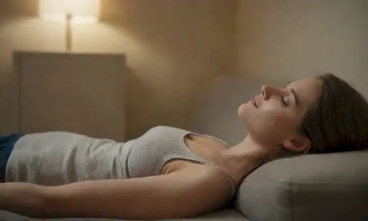 Un sofá terapeuta, un fondo tranquilo, una persona sentada con ojos cerrados, iluminación sutil, sin expresiones faciales, un ambiente relajado, un enfoque en los pensamientos interiores, una representación abstracta de la mente subconsciente, un sentido de introspección, sin distracciones