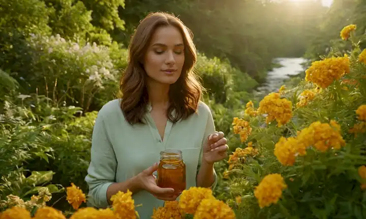 ilustración 3D de una persona en un entorno natural, rodeada de exuberante vegetación y flores vibrantes, con un toque sutil de luz dorada, sosteniendo un frasco de vidrio lleno de jarabe de color ámbar, simbolizando bienestar y nutrición