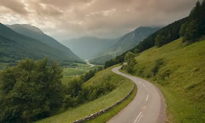 Paisaje sereno con camino de viento