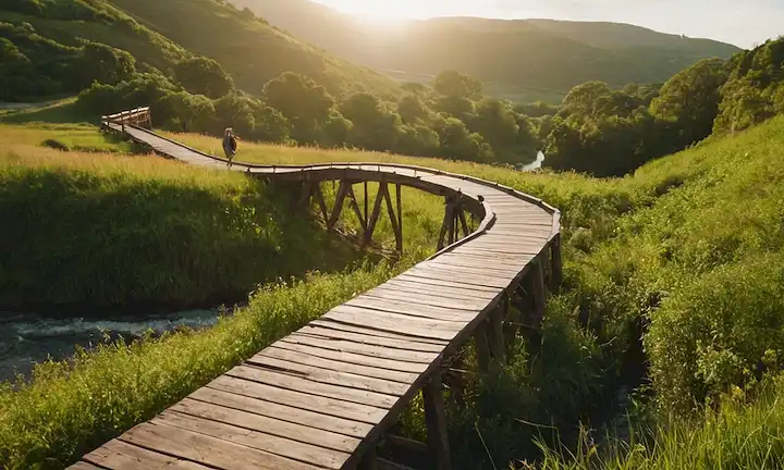 Un paisaje sereno con colinas rodantes, un río serpenteante, y un puente rústico de madera, con un viajero solitario caminando en la distancia, rodeado de vegetación exuberante, con la cálida luz del sol arrojando un resplandor dorado