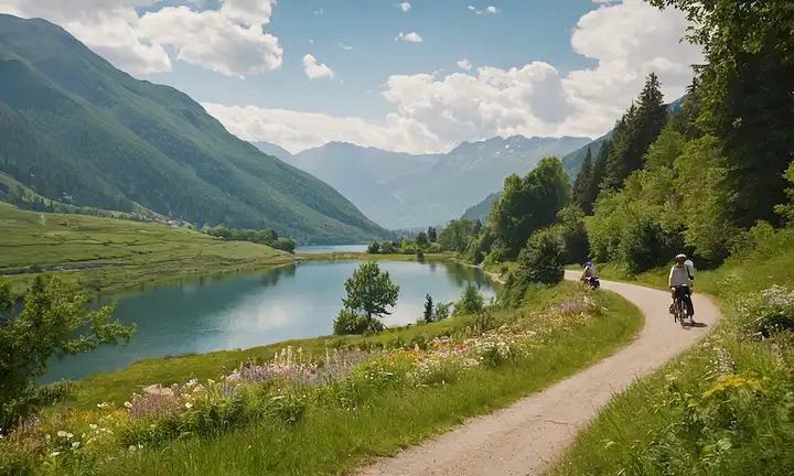 Paisaje pintoresco con montañas suaves, vegetación exuberante y lago sereno en el fondo, un camino de viento o camino que serpentea a través de ella, algunas personas caminando o sentado tranquilamente, con bicicletas o equipaje cerca, un cálido resplandor de la luz solar en la escena, elementos naturales como flores, árboles y rocas subtly incorporados