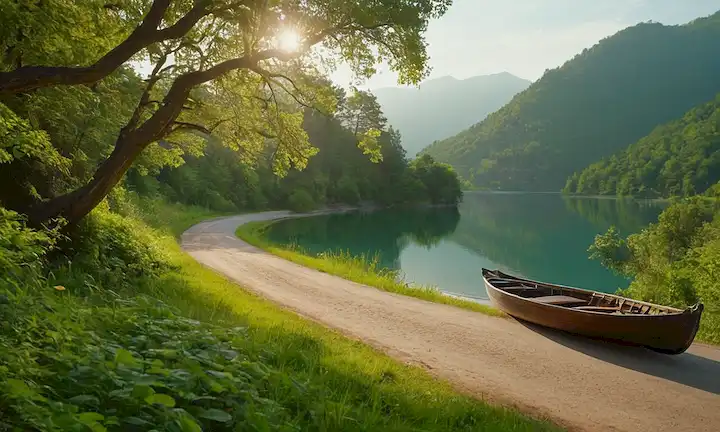 Scenic mountainside, serene lake, rústico barco de madera, exuberante vegetación, cálida luz solar filtrando a través de árboles, un solo camino de viento que desaparece en la distancia, ambiente tranquilo, sin signos de civilización moderna, naturaleza tomando escenario central, sentido de tranquilidad y soledad