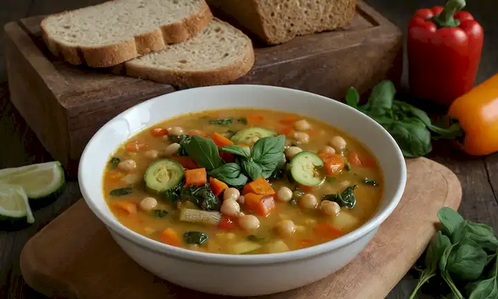 Un tazón cálido y acogedor de la sopa de garbanzo, rematado con una variedad de verduras coloridas, como zanahorias, pimientos de campana, calabacín y espinacas, servido con un lado de pan crujiente o una grieta rústica
