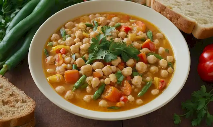 Un tazón vibrante lleno de sopa caliente de garbanzos, rodeado de verduras coloridas como pimientos de campana, zanahorias y frijoles verdes, adornados con perejil fresco, cuñas de limón y pan crujiente en el lado
