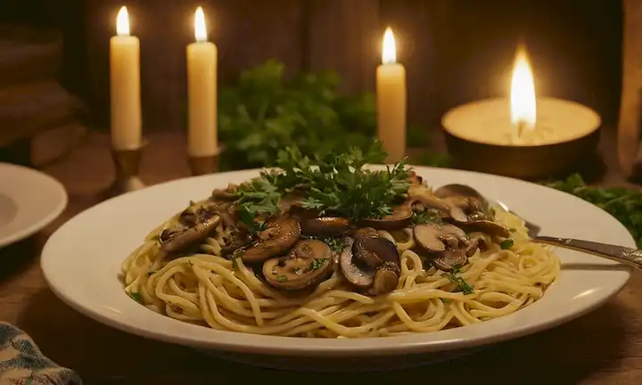 Una mesa caliente y rústica, un plato caliente de pasta de vapor, champiñones rebanados, corteza dorada en la parte superior, salpicaduras de perejil frescas dispersas, luz de vela suave en el fondo, cuchara de madera vintage descansando cerca, ambiente acogedor evocado