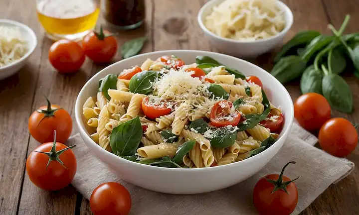 Un cuenco cálido y acogedor lleno de pasta de granos enteros, rodeado de un collage de verduras frescas como tomates de cereza, hojas de espinacas y pimientos de campana cortadas, rematado con una rociada de queso parmesano rallado, y contra una mesa de madera rústica con unas pocas servilletas de lino y un frasco de vidrio en el fondo