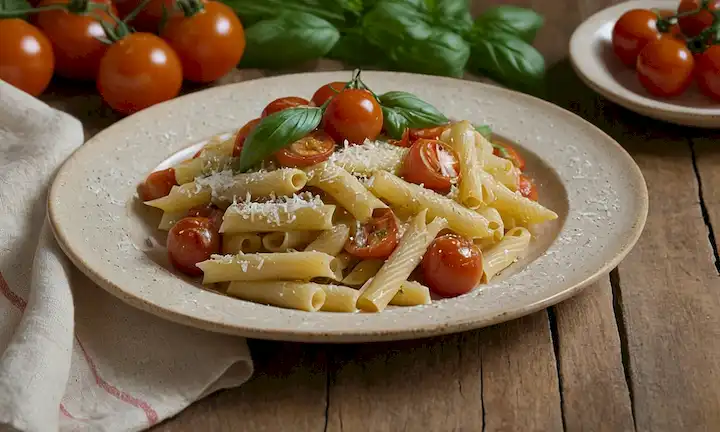 Un plato cálido y dorado con una generosa porción de pasta al dente, rodeado de verduras vibrantes como tomates de cereza y albahaca fresca, con una rociada de queso parmesano rallado, en contra de una mesa de madera rústica o un paño de lino natural