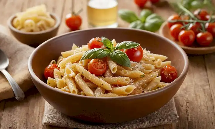 Un cuenco cálido y dorado lleno de anillos de pasta al dente