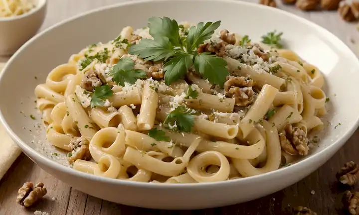 Un cuenco de pasta rizada en un color beige cálido, tirado con nueces tostadas y perejil fresco, rematado con queso parmesano fundido, con un fondo dorado suave, con algunas mitades de nuez dispersas alrededor de la placa, y unos pocos fideos sueltos enmarcando los bordes