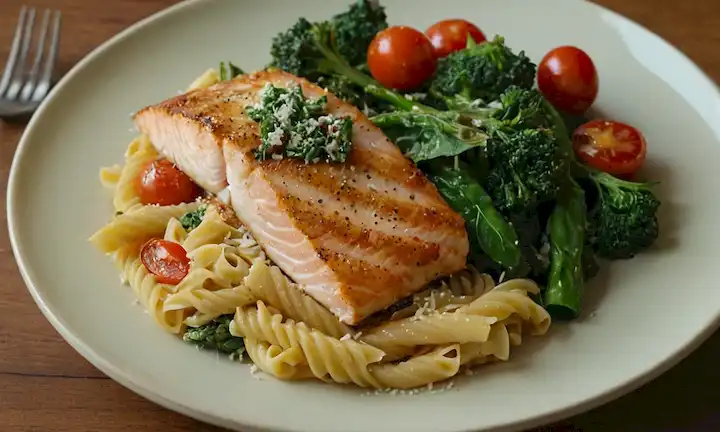 Un plato colorido lleno de pasta integral caliente, rodeado de un medley de verduras frescas como tomates de cereza, floritas de brócoli y hojas de espinacas, rematada con una espolvor de queso parmesano rallado, y adornado con unas cuantas rebanadas de jugosa pechuga de pollo o filete de salmón