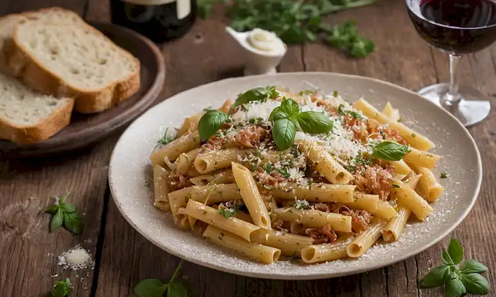 Un plato de pasta caliente, dorado, perfectamente cocido con textura al dente, adornado con hierbas frescas y una espolvor de queso parmesano, situado en un fondo rústico de madera con iluminación suave, acompañado por unas cuantas rodajas de pan crujiente en el lado, y una copa de vino tinto en la esquina