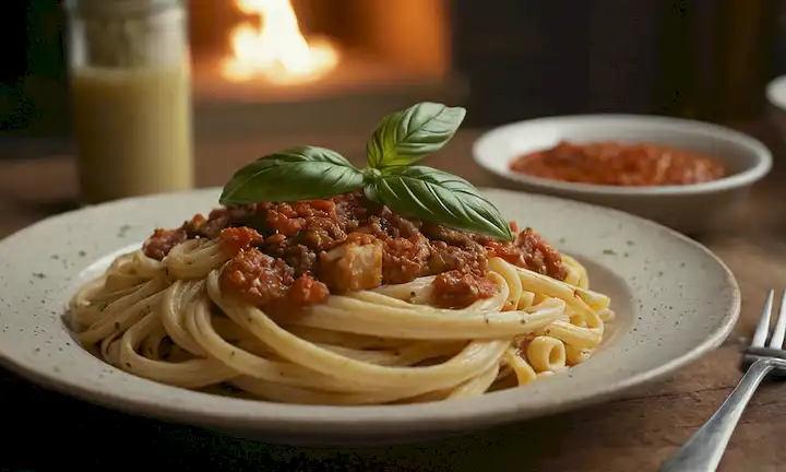 Un plato con una porción de pasta perfectamente cocida, un tenedor descansando en el costado, un tazón de salsa cerca, un fondo de cocina rústica, iluminación suave y cálida, y algunas hojas de albahaca frescas dispersadas