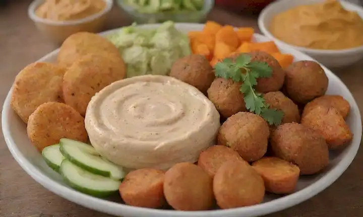 Colores vibrantes, buñuelos giratorios, falafel dorado, verduras crujientes, hummus suculento, garbanzos tiernos, batatas asadas, tahini aterciopelada, arreglo artístico, apetecible