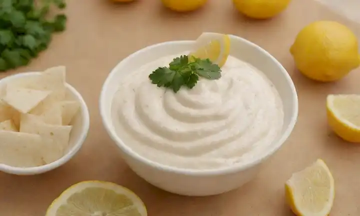 3-4 porciones de dip blanco cremoso en tazones pequeños rodeadas de adornos coloridos tales como limones rebanados, ramitas de perejil y cuñas de pan de pita, engastados contra un beige cálido o fondo dorado con texturas sutiles