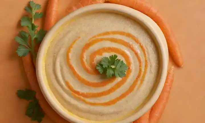 Un vibrante fondo anaranjado con un swirl de hummus de oreja dorada, rodeado de zanahorias rebanadas a la parrilla, cuñas de limón y muñecos de tahini cremoso, adornados con especias de perejil fresco y semillas tostadas de sésamo