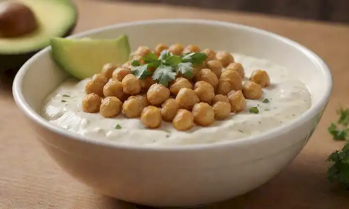 Un tazón con un dip blanco cremoso, rematado con semillas de sésamo tostadas y garbanzos crujientes, rodeado de aguacate rebanada, perejil fresco, y un goteo de aceite de oro, enmarcado en madera natural o fondo de piedra