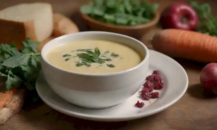Un tazón de sopa cremosa con hojas de apio picadas en la parte superior, rodeado de verduras frescas y frutas como zanahorias, remolacha y manzanas; una pequeña placa de servir con pollo a la parrilla en el fondo; una luz caliente que se derrama desde arriba; enfoque suave para resaltar texturas