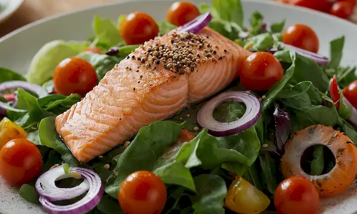 Relleno de salmón fresco con anillos de cebolla púrpura, colocado sobre una cama de verdes mezclados, rodeado de verduras coloridas como tomates de cereza y zanahorias cortadas, adornadas con semillas de sésamo tostadas, con un aderezo ligero