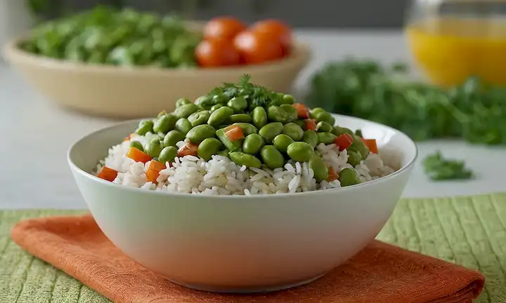 Un tazón colorido lleno de edamame, semillas de sésamo, verduras crujientes y arroz suave, rematado con una espolvor de hierbas frescas, descansando en un placemat de fibra natural, contra un fondo borroso de una cocina o comedor