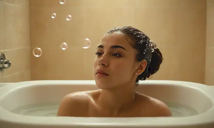 Una persona acostada en una bañera con una postura relajada, rodeada de burbujas, gotitas de agua en su piel, y una pequeña toalla ligeramente desenvainada cerca; un ambiente tranquilo y sereno con un enfoque suave y colores pasteles