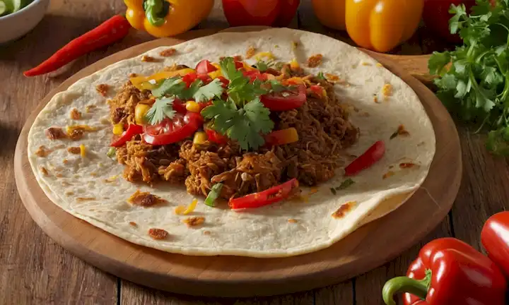 7 tortillas crujientes y doradas en una tabla de madera rústica, rodeadas de verduras vibrantes, hierbas frescas y una espolvorea de pimientos coloridos, con un fondo cálido y soleado