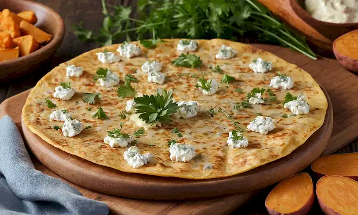 Tortilla dorada con bordes crujientes, rodeada de una dispersión de queso gorgonzola blanco cremoso, colocado en una tabla de corte rústica de madera, con cuñas de patata rebanadas dispuestas en un patrón decorativo a su lado, y algunas hierbas frescas como perejil o tomillo añadiendo un pop de verde