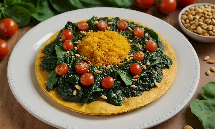 Una tortilla amarilla vibrante, bordes crujientes, centro difuso, rodeado de espinacas verde esmeralda, nueces de pinos dorados, tomates rojos secos y una espolvorea de polvo marrón caramelo