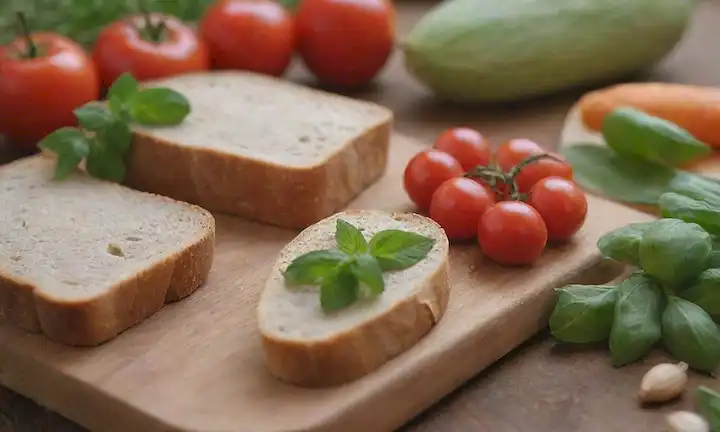 Asientos en una superficie de madera con verduras frescas, frutas coloridas y nueces que los rodean, acompañados por un tazón de hierbas verdes vibrantes, y algunas rodajas artesanales de pan en el fondo, transmitiendo una sensación de abundancia sana, frescura y encanto rústico