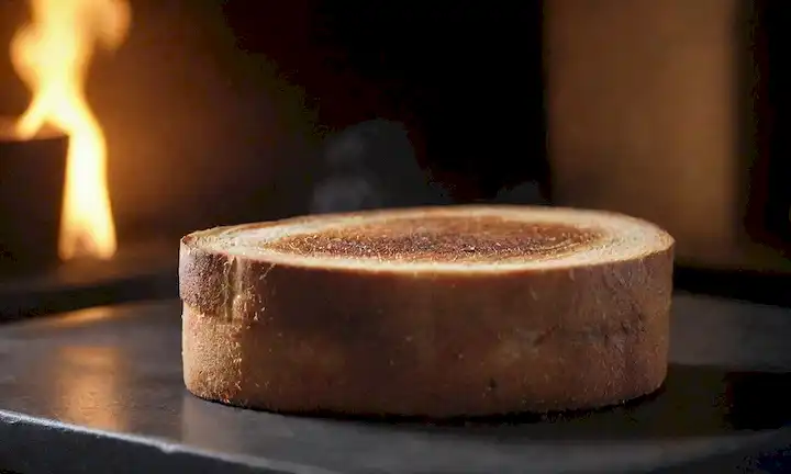 Comida, tostadas quemadas, color marrón dorado, bordes crujientes, humo, fondo de cocina, sombras oscuras, iluminación cálida