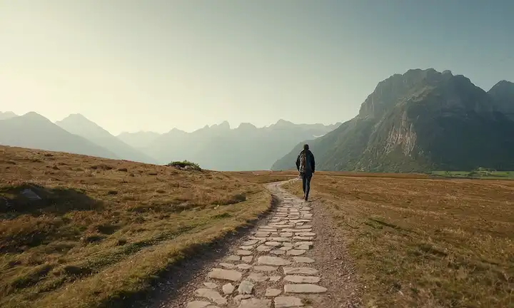 Un paisaje sereno, montañas en el fondo, un camino de viento por delante, una figura en la distancia caminando lejos del espectador, simbolizando el avance, sencillez, determinación