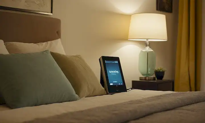Una persona que se relaja en la cama, iluminación suave, colores calmantes, almohadas y mantas, un televisor montado en la pared, una mesa de noche con un libro o lámpara cerca, un ambiente tranquilo, fondo sereno, sin distracciones, sueño tranquilo, dormitorio acogedor