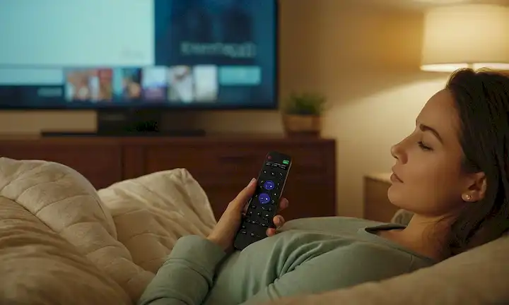Una persona acostada en un acogedor dormitorio con almohadas y mantas, manteniendo un control remoto, rodeada de luz suave, relajándose en un sofá o cama, con un televisor jugando en el fondo, con un esquema de color cálido, ambiente tranquilo