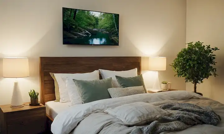 Un ambiente acogedor, con TV montada en la pared, una cama cómoda, almohadas suaves y un ambiente tranquilo, posiblemente con unos pocos elementos decorativos como plantas o una mesa de noche