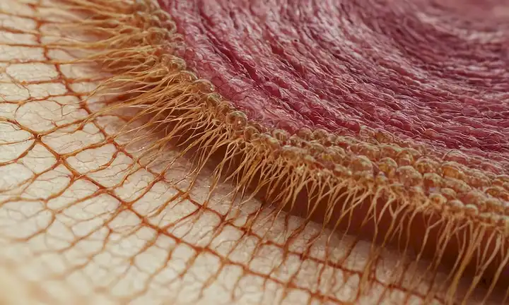 Cabeza humana 3D con vistas de cerca del folículo del cabello, la cama de uñas y los poros de la piel, rodeado de coloridos patrones de agitación para representar deficiencias de vitaminas y minerales, con grietas sutiles o daños para indicar negligencia