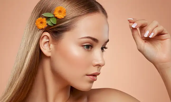 ilustración 3D de una cabeza humana con crecimiento saludable del cabello, uñas con un brillo y tono radiante de piel, rodeado de sutiles aspectos de nutrientes como vitamina C, biotina, omega-3, zinc, cobre y hierro, con delicados patrones florales para representar nutrición y cuidado