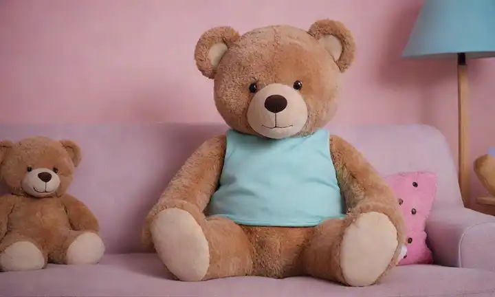 Un personaje de dibujos animados que llevaba un disfraz de oso de peluche, sentado en un sofá rodeado de peluches y juguetes, con un toque de vergüenza en su cara, acompañado por una sombra sutil que sugiere un aspecto oscuro o o oculto, todo contra un fondo suave y color pastel