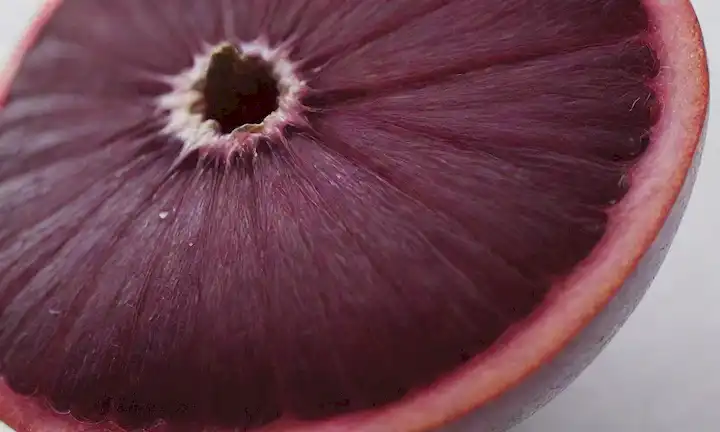 fruta púrpura madura con tallo verde en fondo blanco, iluminación caliente, rebanada de fruta tomada de arriba, porción saludable, colores frescos y vibrantes, arreglo atractivo, estética moderna