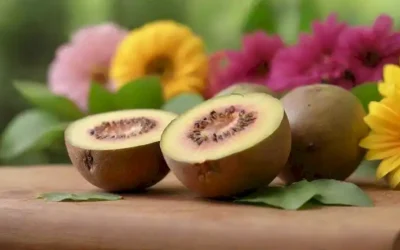 fruta de caqui madura en una tabla de corte de madera