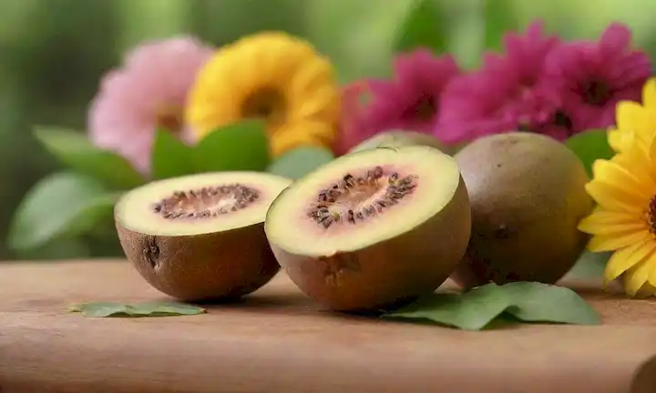 fruta de caqui madura en una tabla de corte de madera