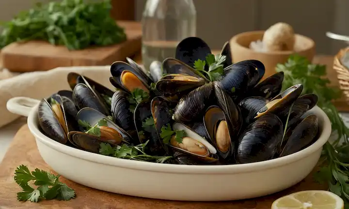 Mejillones frescos enjuagados bajo una corriente de agua brillante, una canasta llena de ellos en el lado, un cuchillo de chefs y una tabla de cortar cerca, un fondo de cocina de estilo mediterráneo, una fuente de luz cálida, y algunas hierbas frescas como perejil o cilantro para adornar