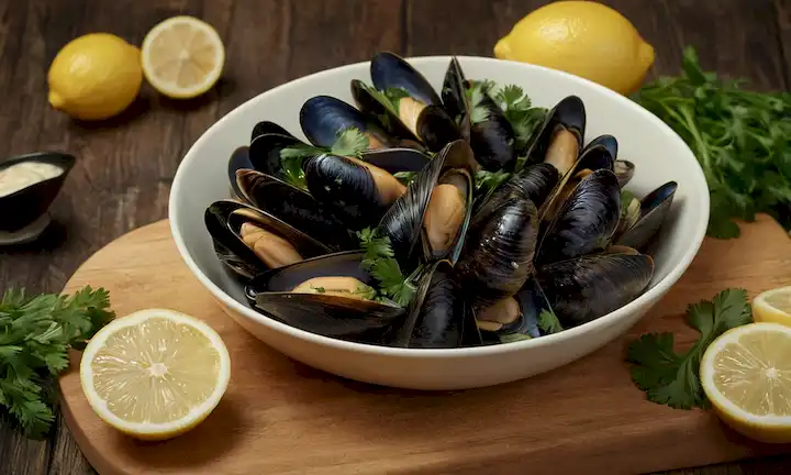 Mejillones recién abiertos en una tabla de corte de madera, con limones rebanados y ramitas de perejil cerca, una piscina poco profunda de salsa cremosa en el fondo, luz caliente iluminando la escena desde arriba