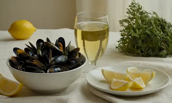 un tazón lleno de mejillones recién cosechados, una copa de vino blanco y rebanadas de limón a su lado, un mantel con una textura natural de lino, un jarrón con flores frescas algas o inspiradas en el océano