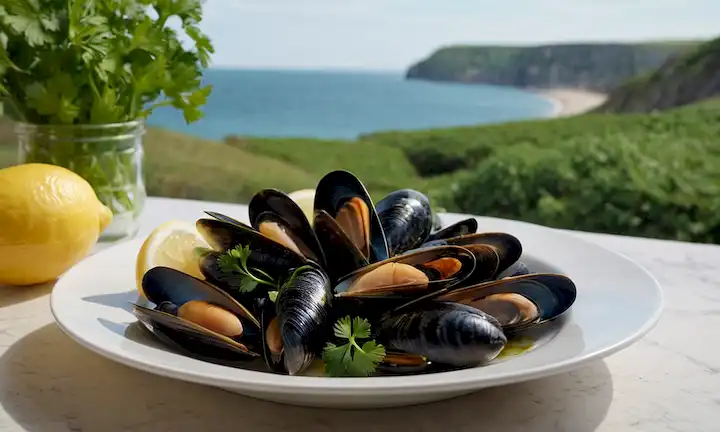 Mejillones frescos en una placa blanca